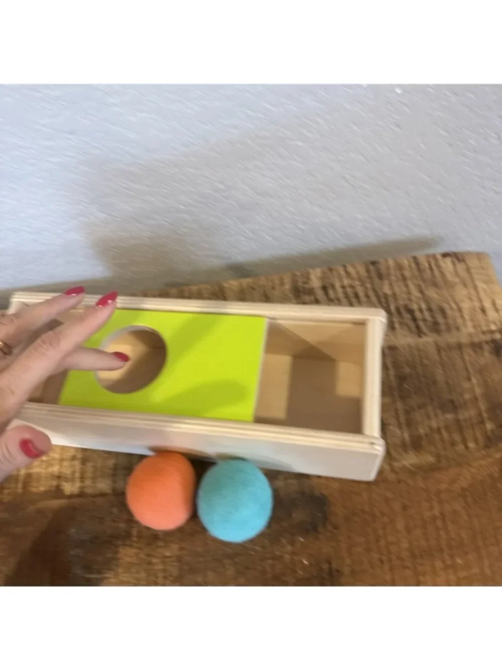 Lovevery Top Sliding Box With Felt Ball Drop Wooden Toy Montessori Sensory Balls